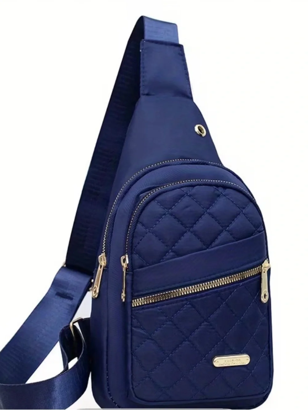 Quilted Navy Crossbody Sling Bag with Gold Hardware
